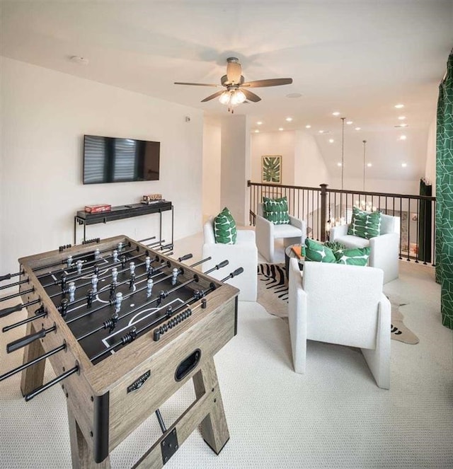 game room featuring carpet, recessed lighting, and a ceiling fan