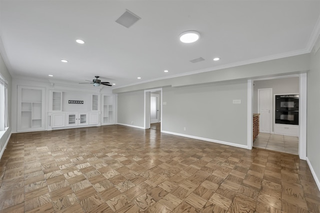 unfurnished living room with ceiling fan, recessed lighting, baseboards, and ornamental molding