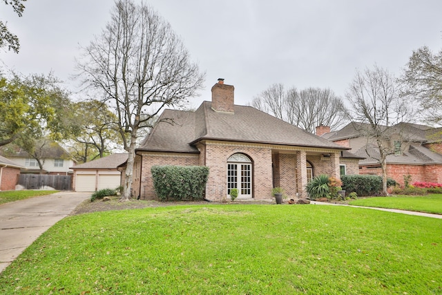 view of front facade with roof with shingles, a chimney, a front lawn, a garage, and brick siding