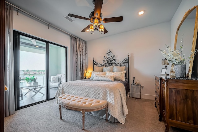 carpeted bedroom with access to exterior, visible vents, baseboards, recessed lighting, and a ceiling fan