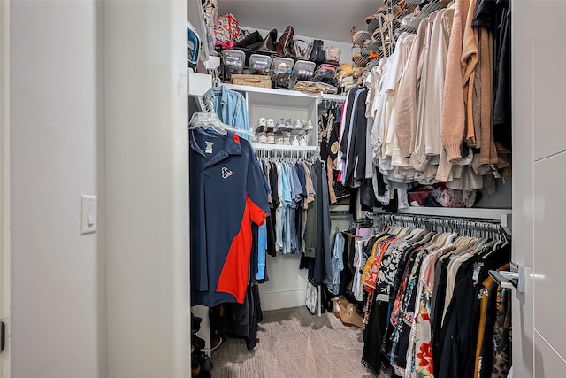 walk in closet featuring carpet flooring