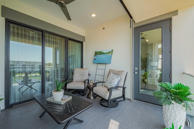 balcony with a ceiling fan