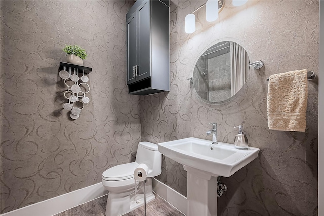 bathroom with toilet, baseboards, and wood finished floors