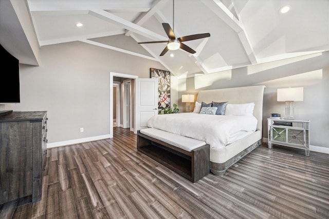 bedroom featuring baseboards, beam ceiling, recessed lighting, wood finished floors, and high vaulted ceiling