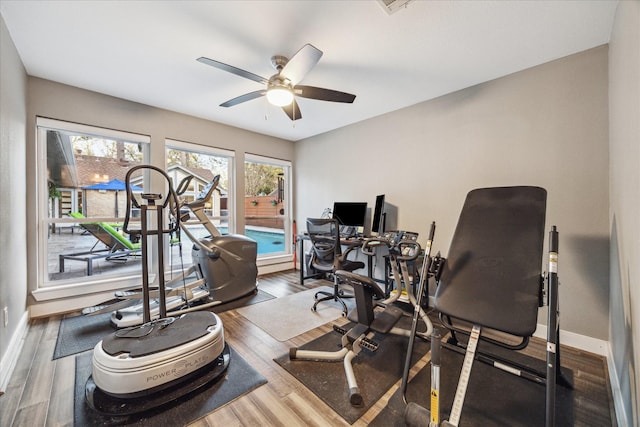 exercise area with baseboards, a ceiling fan, and wood finished floors