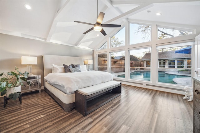 bedroom featuring recessed lighting, beamed ceiling, high vaulted ceiling, and dark wood-style flooring