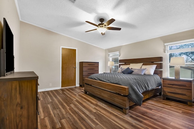 bedroom featuring multiple windows, dark wood-type flooring, and lofted ceiling