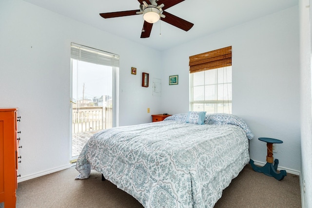 bedroom with baseboards, a ceiling fan, carpet flooring, and access to outside