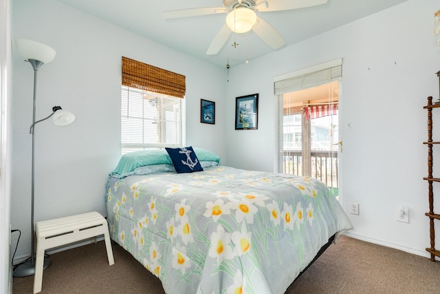 bedroom featuring access to exterior, carpet flooring, and ceiling fan