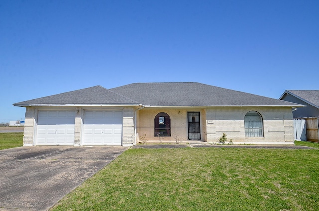 view of front of house featuring brick siding, a shingled roof, a front lawn, aphalt driveway, and a garage