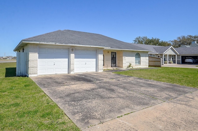 single story home featuring brick siding, roof with shingles, concrete driveway, and a front yard