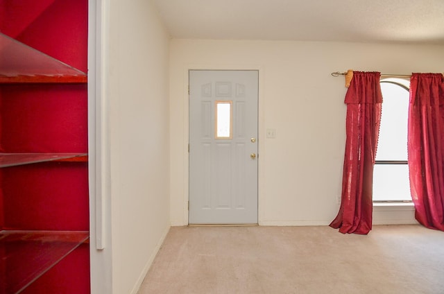 carpeted foyer entrance with baseboards and a healthy amount of sunlight