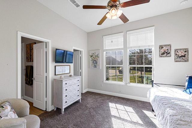 bedroom with baseboards, visible vents, carpet floors, and ceiling fan