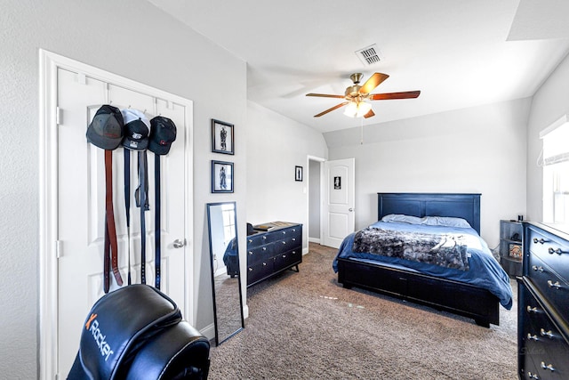 bedroom with a ceiling fan, visible vents, carpet floors, and baseboards