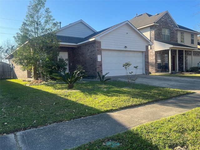 view of front of house with brick siding, concrete driveway, a front lawn, and a garage