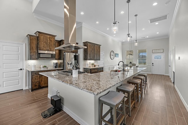 kitchen featuring visible vents, wood tiled floor, a sink, stainless steel appliances, and a large island