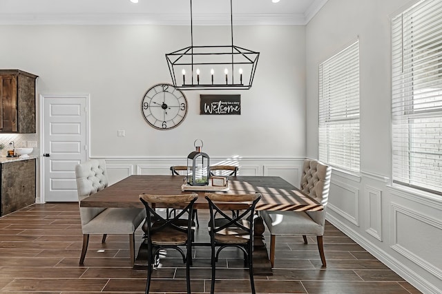 dining space with wood finish floors, a wainscoted wall, ornamental molding, and a decorative wall