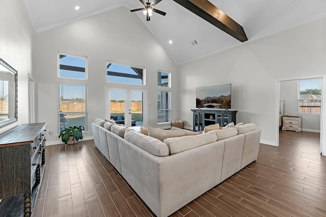 living room featuring visible vents, dark wood-style flooring, french doors, and baseboards