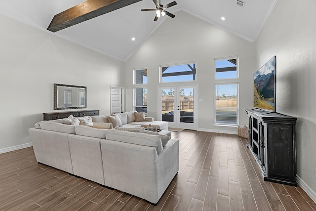 living area with baseboards, wood finish floors, french doors, high vaulted ceiling, and a ceiling fan