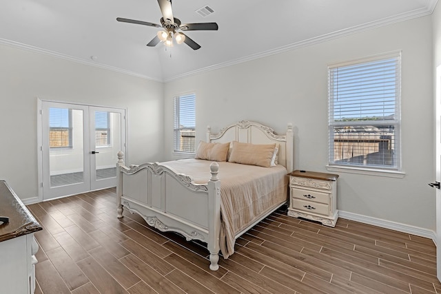 bedroom with visible vents, crown molding, baseboards, and wood tiled floor