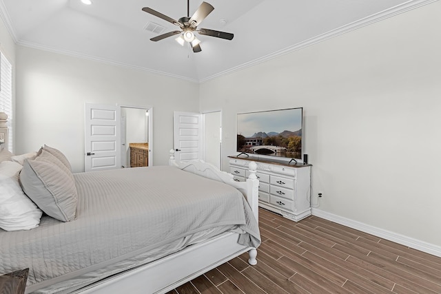 bedroom with visible vents, ceiling fan, baseboards, ornamental molding, and dark wood-style floors