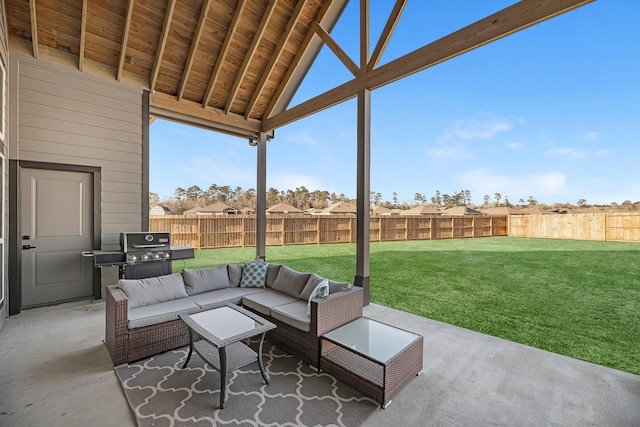 view of patio / terrace featuring area for grilling, outdoor lounge area, and a fenced backyard