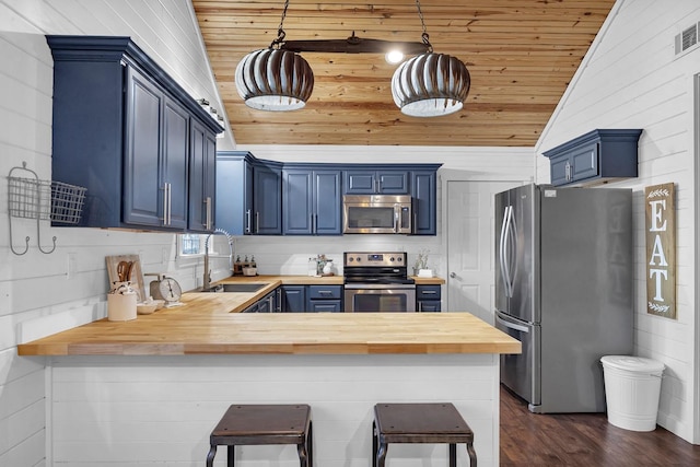 kitchen with butcher block countertops, blue cabinetry, a sink, stainless steel appliances, and wood ceiling