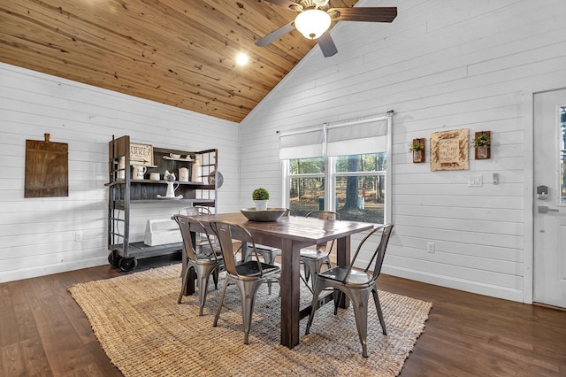 dining area featuring a ceiling fan, wood finished floors, baseboards, high vaulted ceiling, and wood ceiling