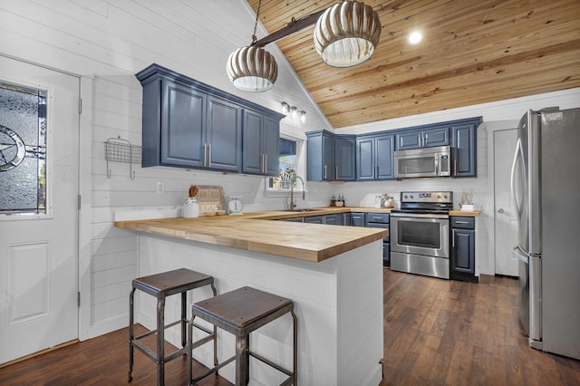 kitchen with wooden counters, a peninsula, appliances with stainless steel finishes, wooden ceiling, and blue cabinets