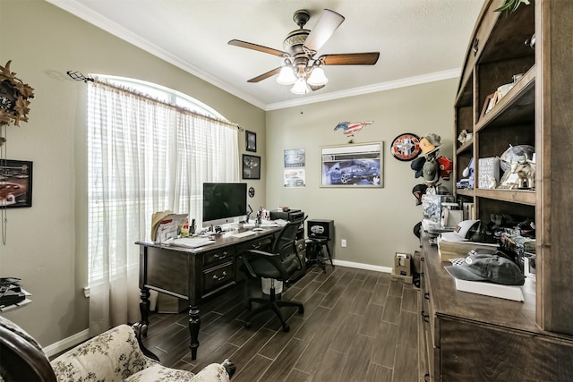 office space featuring wood finish floors, baseboards, ornamental molding, and ceiling fan