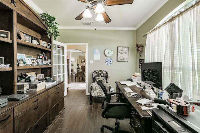 office area featuring visible vents, arched walkways, ornamental molding, and dark wood-style flooring