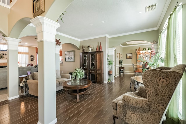 31331 Polaris Blvd, Tomball, TX 77375 - living area with ornate columns, dark wood-style flooring, arched walkways, and crown molding