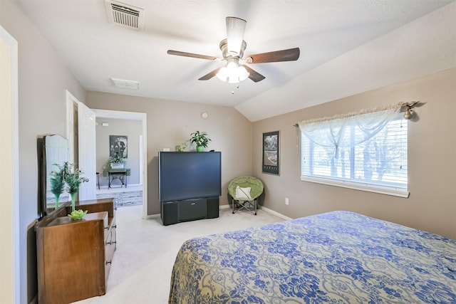 bedroom featuring visible vents, lofted ceiling, baseboards, and carpet flooring