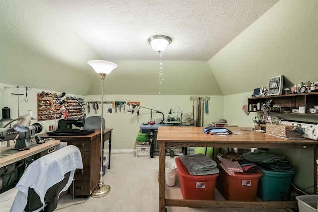 misc room with a workshop area, a textured ceiling, light colored carpet, and vaulted ceiling