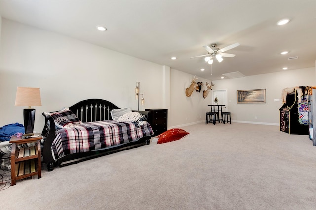 carpeted bedroom featuring recessed lighting, baseboards, and ceiling fan