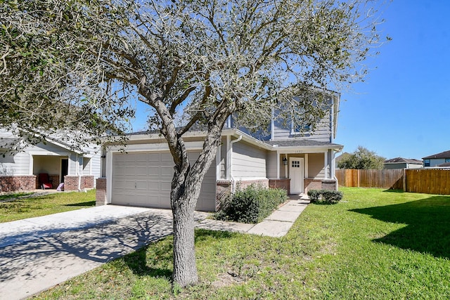 view of front of home featuring brick siding, concrete driveway, a front lawn, and fence