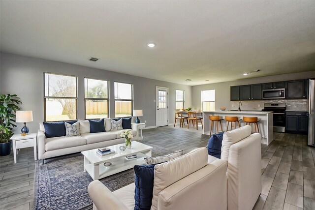 living room featuring baseboards, a healthy amount of sunlight, visible vents, and wood tiled floor