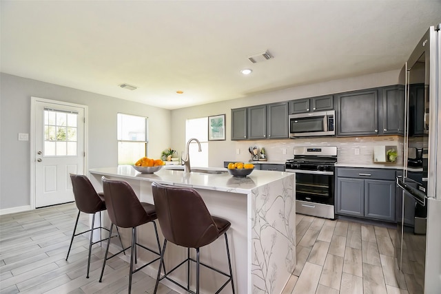 kitchen featuring visible vents, a kitchen island with sink, a sink, decorative backsplash, and stainless steel appliances