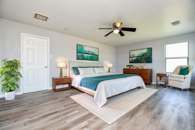 bedroom with visible vents, ceiling fan, baseboards, and light wood-style floors