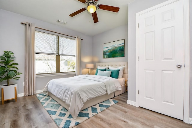 bedroom featuring light wood-style flooring, baseboards, and visible vents