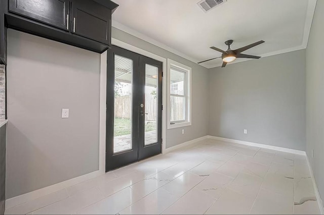 interior space featuring visible vents, baseboards, a ceiling fan, and french doors