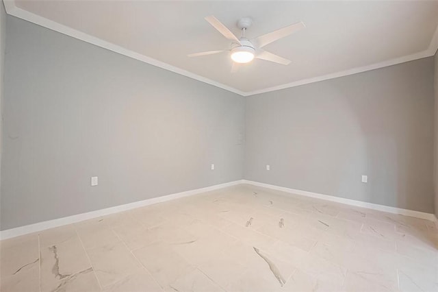 unfurnished room with ceiling fan, baseboards, and ornamental molding