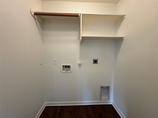 washroom with gas dryer hookup, washer hookup, laundry area, dark wood-style floors, and electric dryer hookup