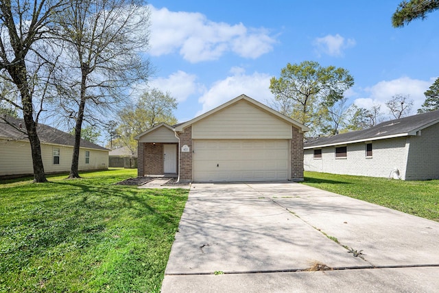 view of front of home featuring brick siding, an attached garage, concrete driveway, and a front lawn