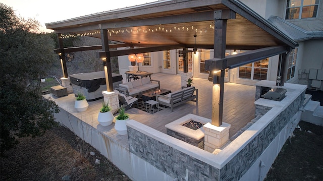 359 Cambridge Dr, New Braunfels, TX 78132 - view of patio featuring an outdoor living space with a fire pit, a hot tub, and a deck