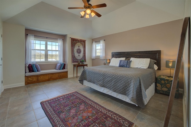 359 Cambridge Dr, New Braunfels, TX 78132 - bedroom with tile patterned floors, a ceiling fan, baseboards, and vaulted ceiling