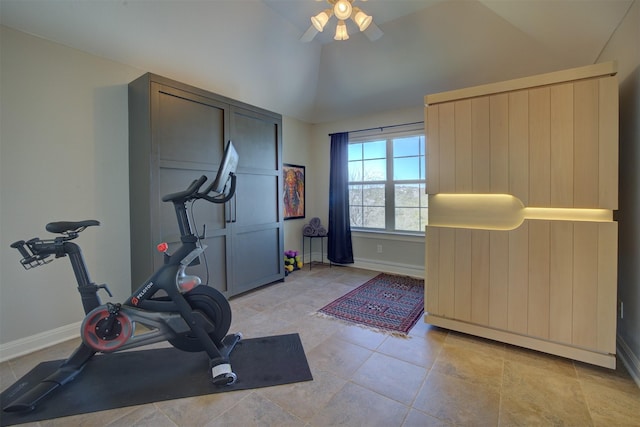 359 Cambridge Dr, New Braunfels, TX 78132 - exercise area featuring tile patterned floors, vaulted ceiling, baseboards, and ceiling fan