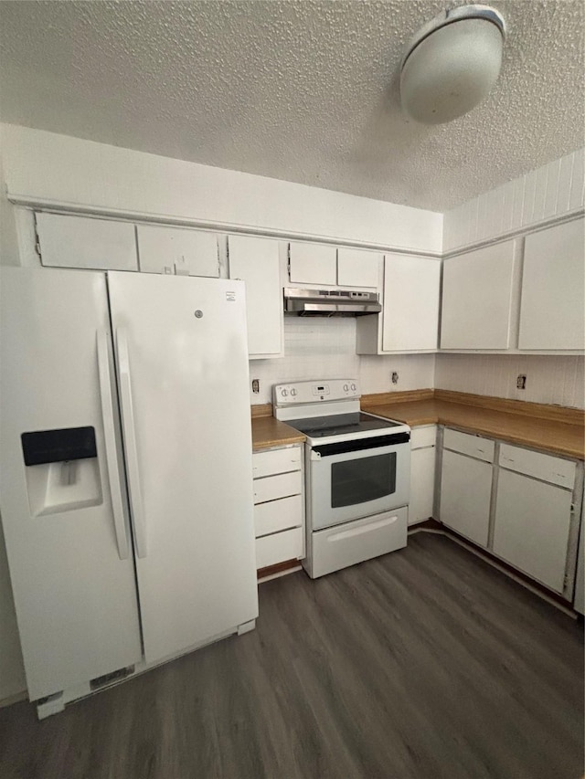 kitchen with white appliances, dark wood-style flooring, under cabinet range hood, a textured ceiling, and white cabinetry