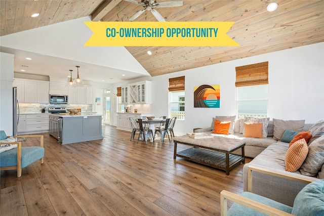 living area featuring light wood finished floors, recessed lighting, wooden ceiling, high vaulted ceiling, and a ceiling fan