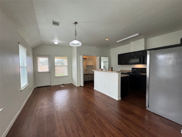 kitchen featuring visible vents, black appliances, dark cabinets, and dark wood-style floors